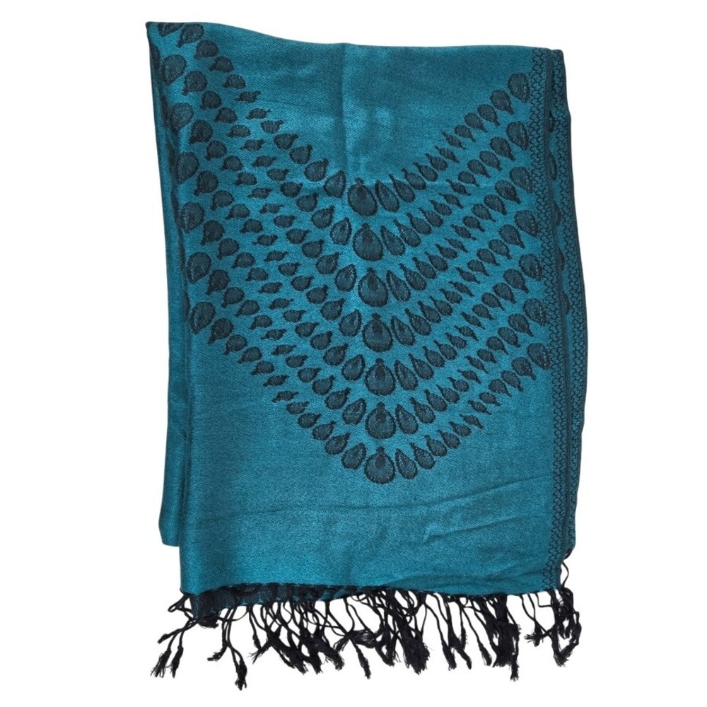 Pashmina Turquoise & Black Embroidered Peacock Scarf Wrap Throw 27"x70" w/Fringe